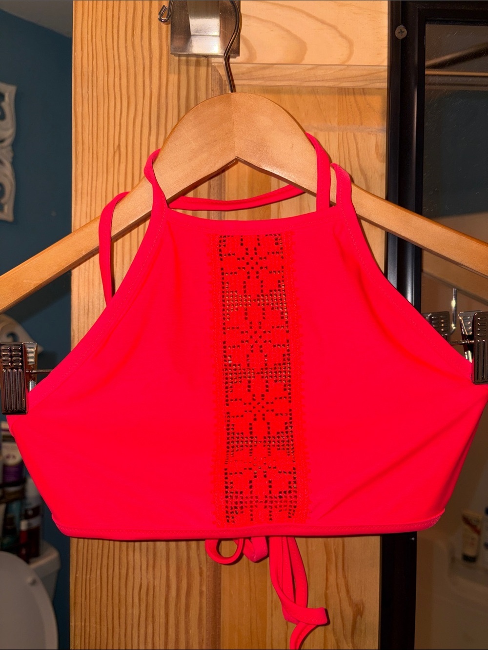 High Neck Lace Deep Coral Bikini Top Sz S